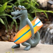 Surf's Up Gator Wearing Sunglasses, Holding Yellow Surfboard Garden Sculpture