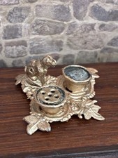Dolls House Miniature Antique Soft Metal Gold Colour Ornate Dog Theme Inkwell