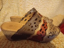 Ladies Brown, Red & Beige Leather Wedge Heel Sandals (UK Size 6, EU Size 39)