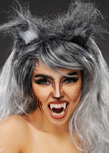 Grey wolf ears headband - on,