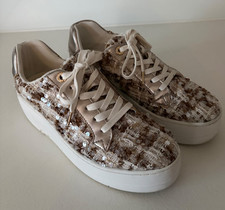 Dune platform trainers brown / cream 'tweed' fabric + sequins. Size 5. Good cond