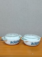 2x JAJ Pyrex Dianthus Folly Blue Vintage Casserole Dish with Lid 1960s