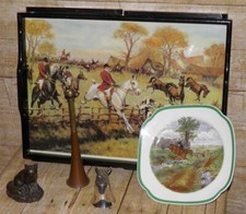 Vintage Hunting Tray, Hunting Horn, Fox Stirrup Cup, Bronze Fox & Copeland Plate