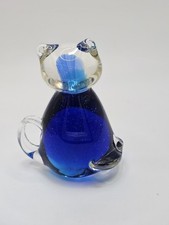 Vintage Cobalt Blue Cat Paperweight Hand Blown Clear & Blue Art Glass
