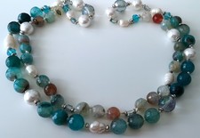Overlapping 1 row natural Blue Agate gemstone/FW Pearl/Shell Pearl necklace-38"