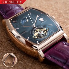 Mens Rose Gold Moon Phase Automatic Mechanical Watch Purple Leather 24HR Dial
