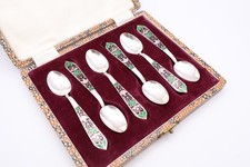 Vintage Boxed Silver Cloisonne Enamel Set of Six Teaspoons
