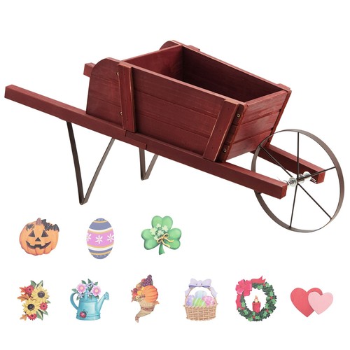Red wooden wagon planter - red,