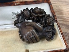 Antique Mourning Brooch Clasped Hands Roses Memorial Victorian Pin Vulcanite?