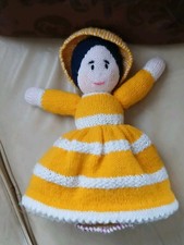 Hand Knitted Upside Down Topsy Turvy Doll Girl with Bonnet Yellow or Purple 13in