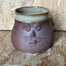 Vintage Studio Pottery Handmade Anthropomorphic Moustache Man Face Mug Cup 3"