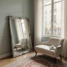 Large Antique Silver Ornate French Scroll Dress Wall Mirror