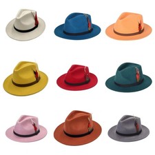 Mens Ladies Fedora Hat Wide Brim 100% Wool Handmade Feather Hats Adjustable Band