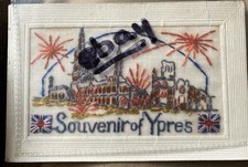 YPRES SILK POSTCARD USED ON ACTIVE SERVICE UNION JACKS TOWN FIREWORKS ETC WAF .