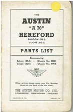 AUSTIN A70 HEREFORD BS3 SALOON & BD3 COUPE 1952 FACTORY ILLUSTRATED PARTS LIST