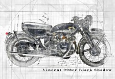 Line Tech Drawing 1955 Vincent 998cc Black Shadow  Mock Retro Art Poster Print