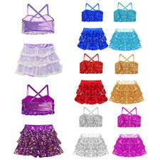 Kids Girls Set Cheerleading Dancewear Shorts Suit Dance Outfit Glittery Modern