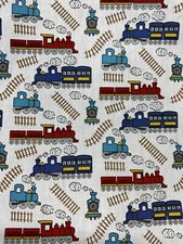 steam TRAINS fabric polycotton blue white material craft poly cotton boys kids 