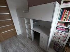 Kids High Sleeper Loft Bed Frame with Desk Drawer Shelves White Ladder Safety