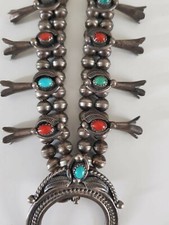 OLD SIGNET NAVAJO CORAL & TORQUOISE SQUASH BLOSSOM  NECKLACE SILVER STERLING 