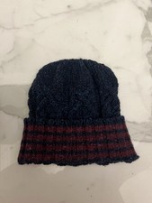 Thom Browne New York Navy Cable Knit Beanie With Red Stripes. Wool & Mohair