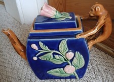 Teapot - Classic Majolica HP Cobalt Blue Stoneware Monkey Teapot