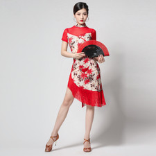Women Floral Latin Dance Dress Salsa Tango Ballroom Cheongsam Tassel Rumba