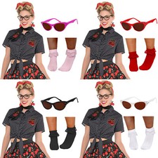 LADIES 1950'S COSTUME ROCKABILLY BLOUSE SOCKS GLASSES FANCY DRESS ROCK N ROLL