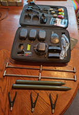 3 X Fox MMXR Bite Alarms & Receiver all in blue in case with extras