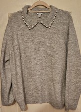 M&Co Women’s Grey Jumper UK 20 – Pearl Embellished Collar – Soft Knit Sweater