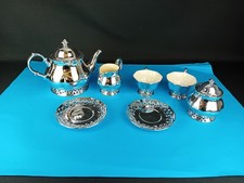Vintage Chrome Tea Set 7pc Teapot Creamer Sugar 2 Cups & Saucers Pierced Base
