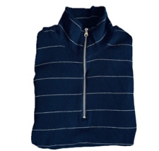 Ladies Marks Ribbed Top Zip High Neck Long Sleeved Striped Navy Cotton T-shirt