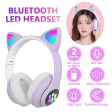 Boys Girls Headphones Wireless Bluetooth Headset LED Lights Cat Ear Earphone