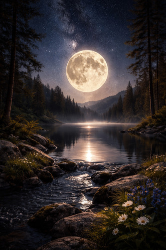 Moonlit forest lake milky way - moonlit,
