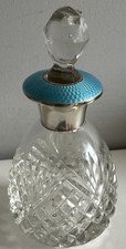Art Deco Silver & Blue Guilloche Enamel Cut Glass Scent Bottle B'ham C S Green