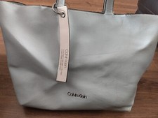 Calvin Klein Pale Baby Blue Shoulder Leather Tote Bag Zip Up Pockets