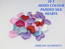 50 X MIX COLOUR PADDED SILK HEARTS APPLIQUÉ EMBELLISHMENTS CRAFT CONFETTI SATIN