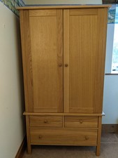 Oak 2 Door Wardrobe with Drawers, Hanging Rail, and Shelves - Slim Wardrobe