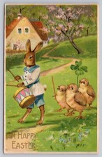 1908 Easter Anthropomorphic Drumming Rabbit and Chick Parade,  Drummer Postcard
