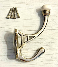 Polished Nickel Double Robe /Towel/Coat Hook Ceramic Knob Pretty Cut Out Detail