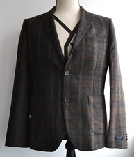 Mens Fisk of Oslo Brown Polyester/Wool Checkered Suit Jacket - Slim Fit 40R *NEW