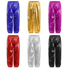 Boys Girls Shiny Metallic Pants Hippie Trousers for Jazz Hip Hop Dance Costume