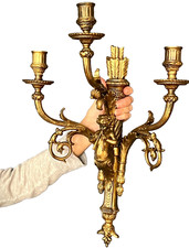 ANTIQUE FRENCH WALL SCONCE BRONZE NEOCLASSICAL LOUIS XVI STYLE CHERUB MOTIF 1900