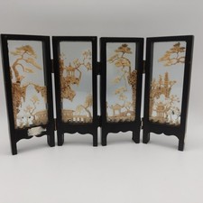 Oriental Hand Carved Cork Chinese Art Glass mini folding screen Cranes Trees