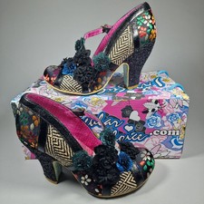 Irregular Choice Shoes Size 5 T-Bar Floral Heels Black Multi Glitter Embroidered