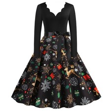 Ladies Christmas Vintage Swing Midi Dress V Neck Swing Xmas Party Fancy Dresses