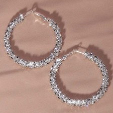 Sparkly Crystal Rhinestone Hoop Earrings – Silver Statement Bling Jewelry
