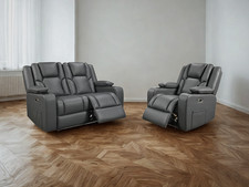 Electric Recliner Orlando 2, 1 Sofa Settee | Grey Leather, LED, USB , Cupholders