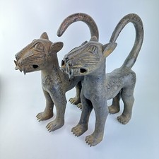 Large Pair Of Benin Bronze Leopards Nigeria African Art Height 16” 10kg Tail Up