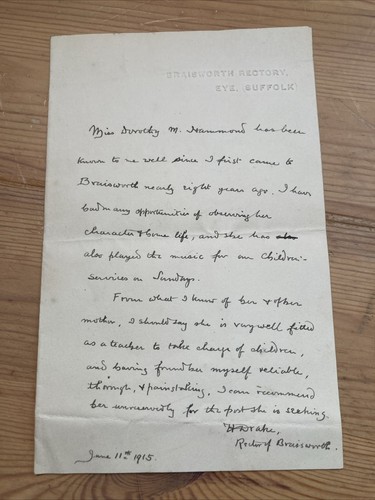 1915 letter from - rector, of